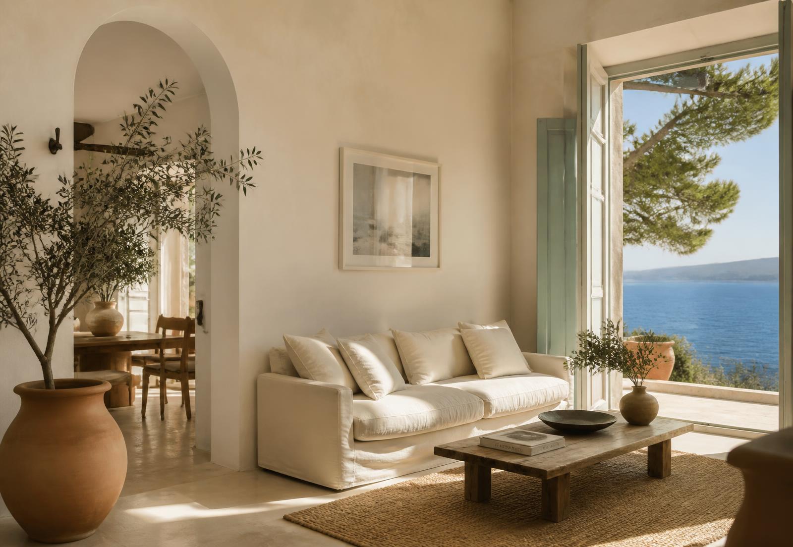 Salotto luminoso di una casa vacanza con vista sul mare
